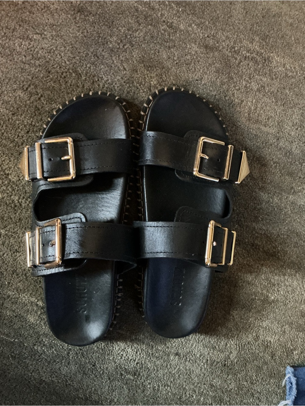 Women's Black Double-Buckle Slide Sandals with Gold Hardware